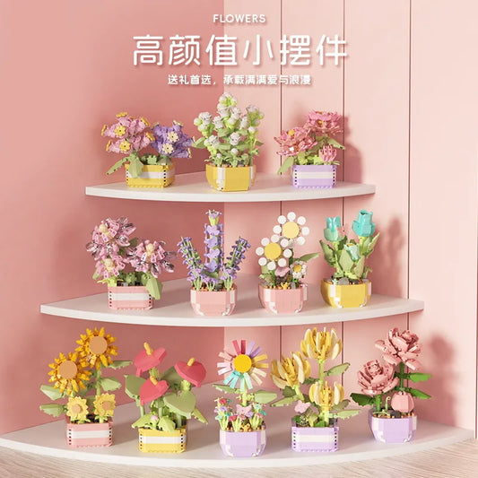 Flower Succulents Building Blocks Everlasting Flower Bonsai Tree Gardens Romantic Bricks DIY Potted Plants Model Kids Kits Toys