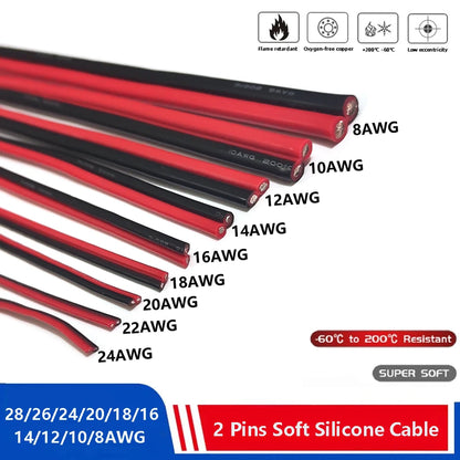 Super Soft 2 Pin Black Red Silicone Cable 28awg 26 24 22 20 18 16 14 12awg 10awg 8awg High Temperature Resistant Copper Wire