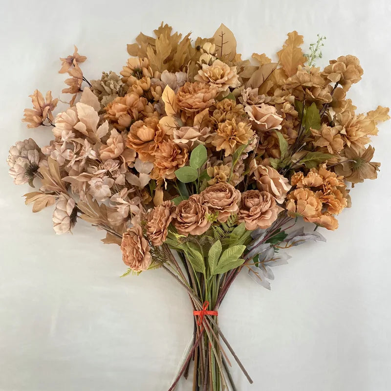 Coffee Brown Series Wedding Flower Hotel Ceiling Props Artificial Bouquet Vintage Autumn Milk Tea Fake Flowers