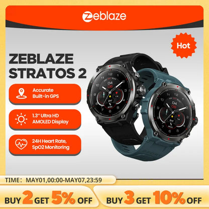 Zeblaze Stratos 2 GPS Smart Watch AMOLED Display 24h Health Monitor 5 ATM Long Battery Life Smartwatch for Men