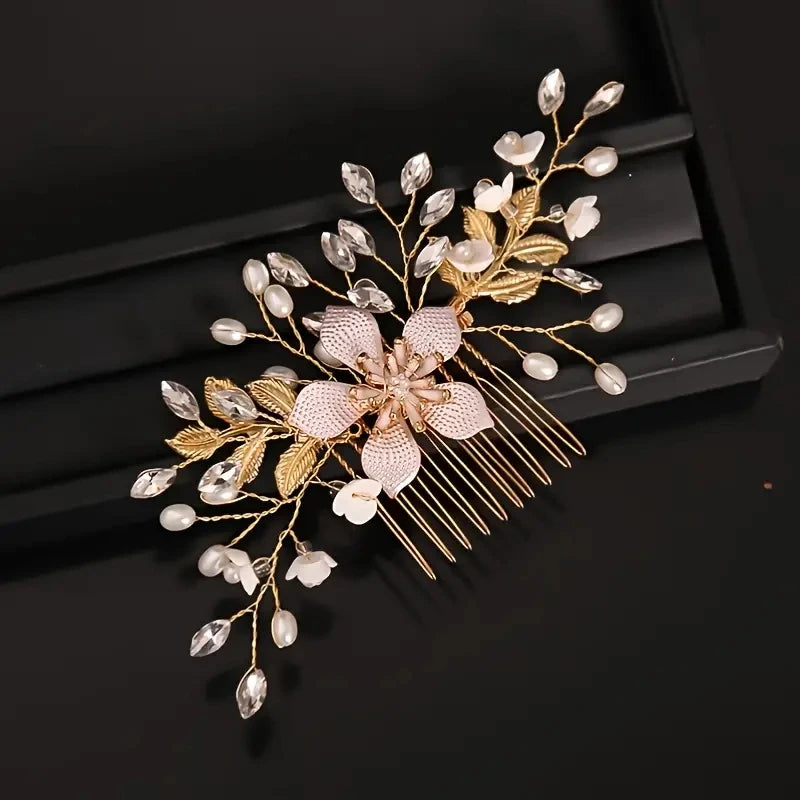 Wedding Bridal Wreath Comb Pearl Gold Long Hair Vine Hair Accessory Flower Rhinestone Handmade Tiara Headpiece