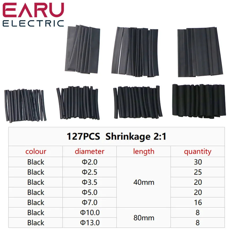 127pcs Heat Shrink Tube Sleeving Tubing Assortment Kit Electrical Connection Electrical Wire Wrap Cable Waterproof Shrinkage 2:1