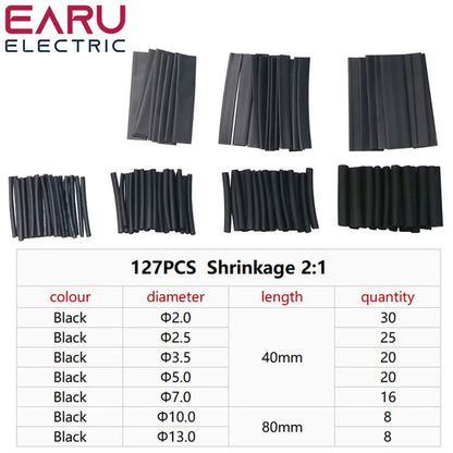 127pcs Heat Shrink Tube Sleeving Tubing Assortment Kit Electrical Connection Electrical Wire Wrap Cable Waterproof Shrinkage 2:1