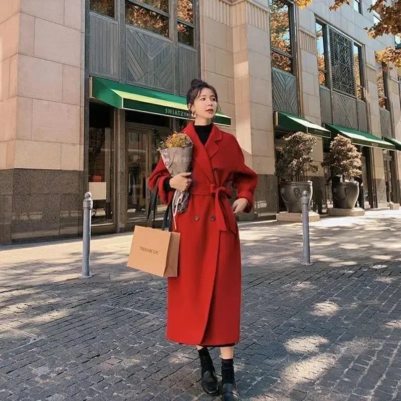 In 2023 The New Large Size 300 Kg Hepburn Style Red Woolen Coat for Women Autumn and Winter Fat Mm Loose Long Thick Woolen Coat