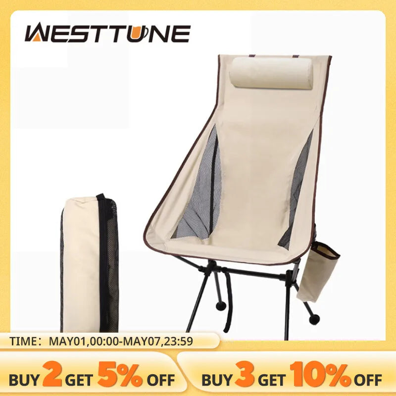 WESTTUNE Portable Folding Camping Chair with Headrest Lightweight Tourist Chairs Aluminum Alloy Fishing Chair Outdoor Furniture