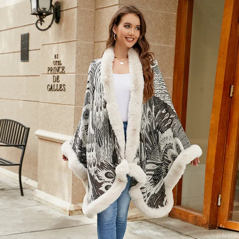 2023 New Trends Faux Rex Rabbit Fur Coat Cape Hooded Tassels Wool Blends Cardigan Cloak Women Fall Winter Overcoat