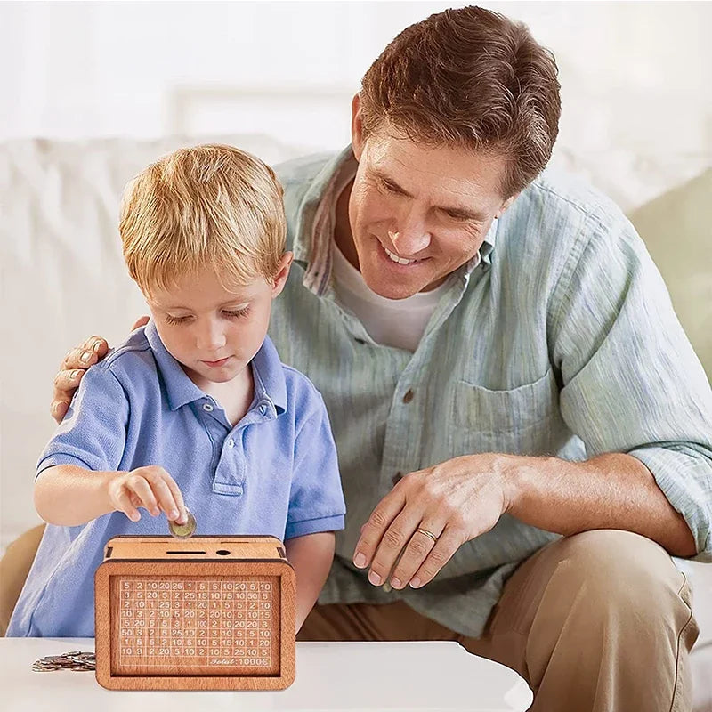 Money Box, Piggy Bank, Wood Money Bank, Reusable Money Box with Saving Goal and Numbers To Check for Helps The Habit of Saving