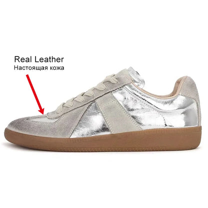 JOZHAMTA Size 35-40 Real Leather Women Casual Sneakers Silver Lace-Up Athletic Shoes Low Heels Lace-Up Breath Tennis Flats Shoes