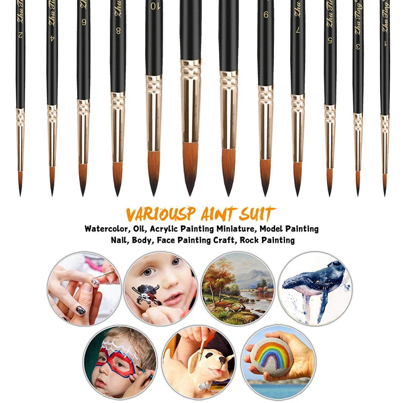 12pcs Paint Brushes Set Professional Paint Brush Round Pointed Tip Nylon Hair Acrylic Brush for Acrylic Watercolor Oil Painting