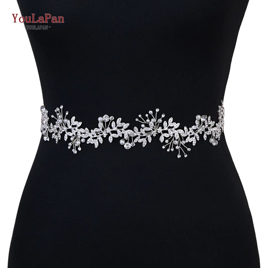 YouLaPan SH233 Rhinestone Wedding Dress Sash Belt Alloy Leaf Bridal Belts Women Robe Evening Gown Belt Wedding Accessories