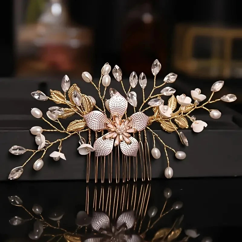 Wedding Bridal Wreath Comb Pearl Gold Long Hair Vine Hair Accessory Flower Rhinestone Handmade Tiara Headpiece