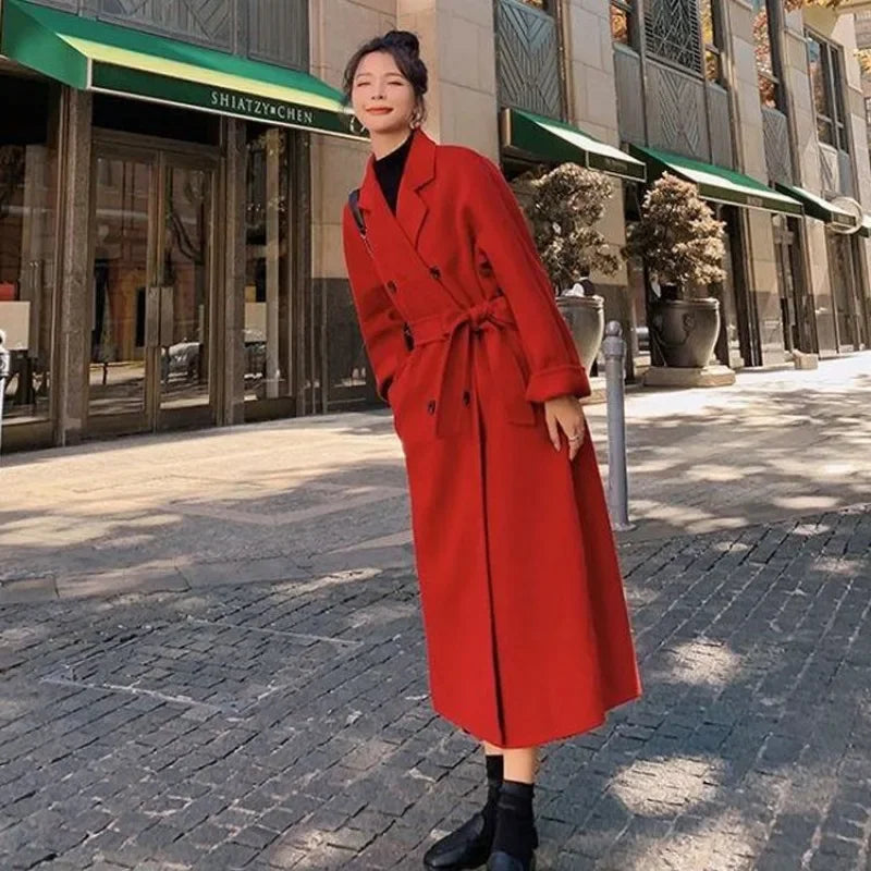 In 2023 The New Large Size 300 Kg Hepburn Style Red Woolen Coat for Women Autumn and Winter Fat Mm Loose Long Thick Woolen Coat