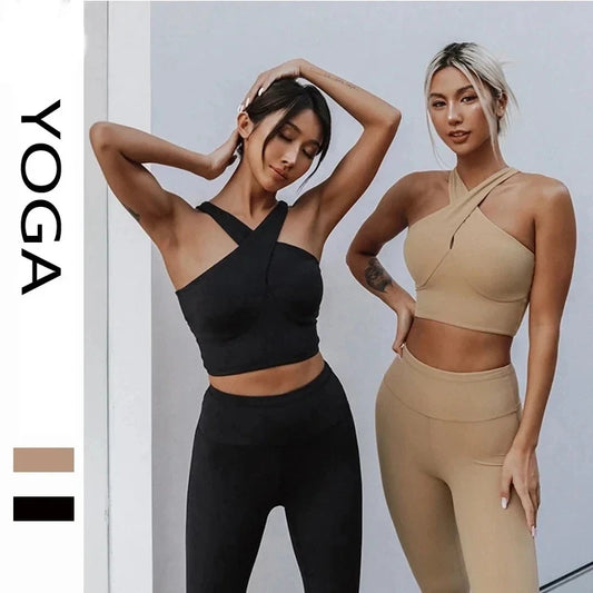 Yoga Tank Top Gathered Shockproof Cross Neck Bra And Hip Lift Training Pants Yoga Fitness Set