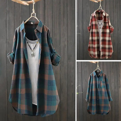 Women Spring Fall Long Shirt Plaid Print Color Matching Lapel Mid Length Patch Pocket Single-breasted Long Sleeve Buttons Blouse