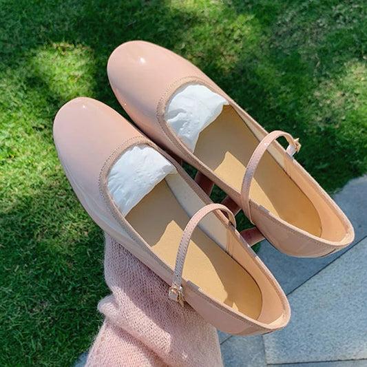 Shiny Leather Ballets Shoes Woman Belt Strap Lolita Flats Mary Janes Women Shallow Loafers Round Toe Ballerinas Brides Mocasines