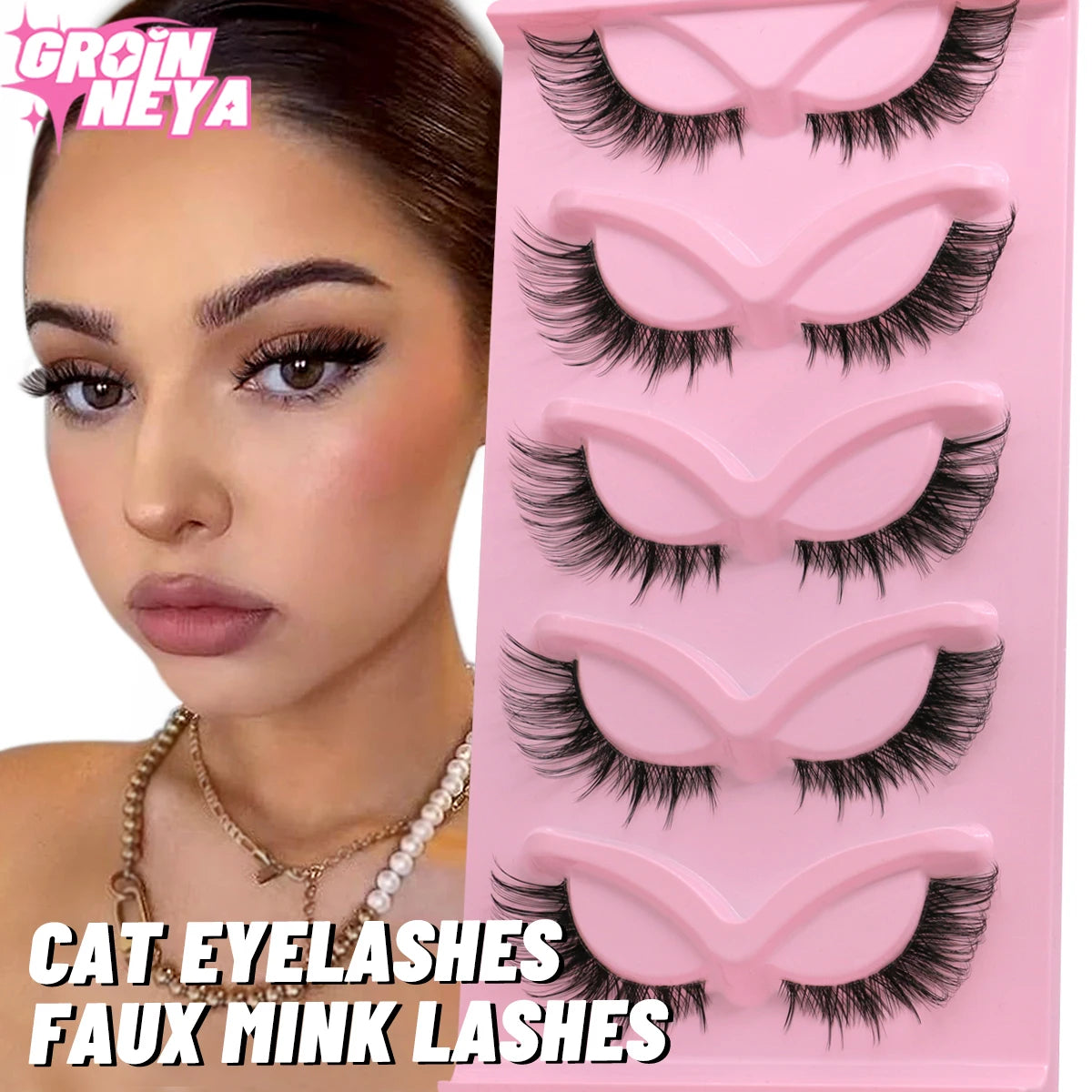 GROINNEYA 5 pairs Cat Eye Lashes Faux Mink Eyelashes Clear Band Lashes Natural Look Wispy Mink Eyelashes Full Strip Lashes