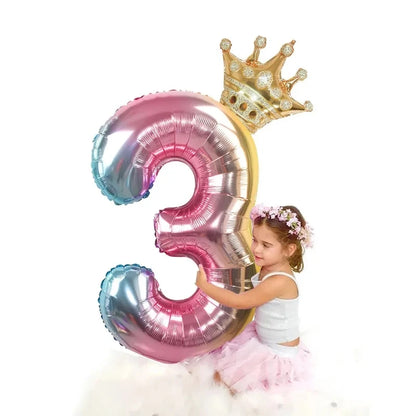 2pcs 32inch Rainbow Number Foil Balloons with Crown for Kids Boy Girl 1st Birthday Party Decorations Rose Gold Figures Globos