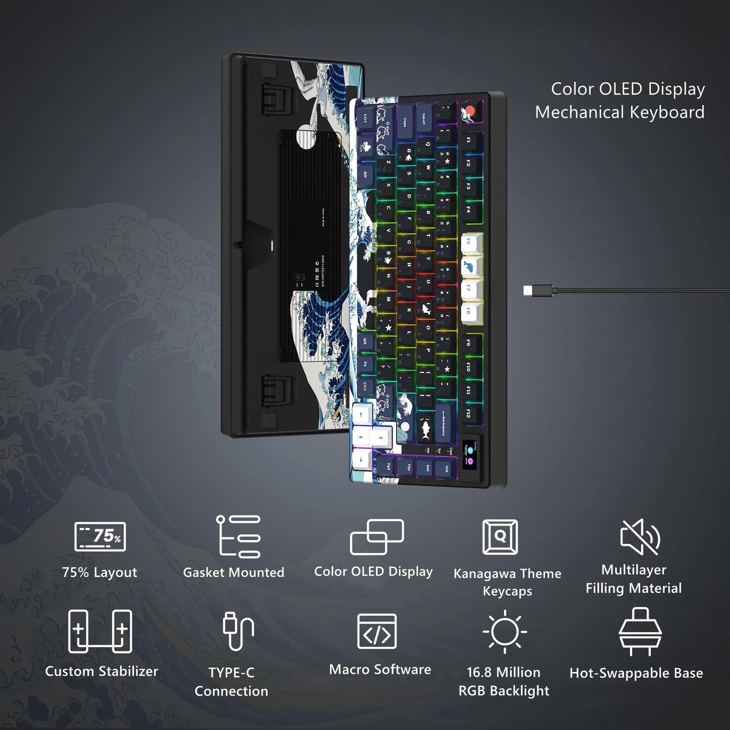 Wired Mechanical Gaming Keyboard with OLED Display Full Key Hot-Swappable Pudding RGB Backlit Keyboard for PC Computer Laptop