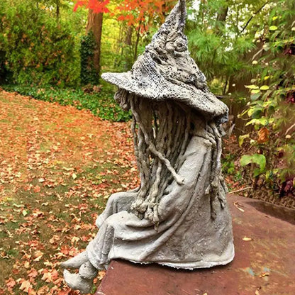 Outdoor Witch Statue Spooky Ghost Sitting Sculpture Solar Energy Lamp Holloween Supplies for Gardens Courtyards Party Decoration