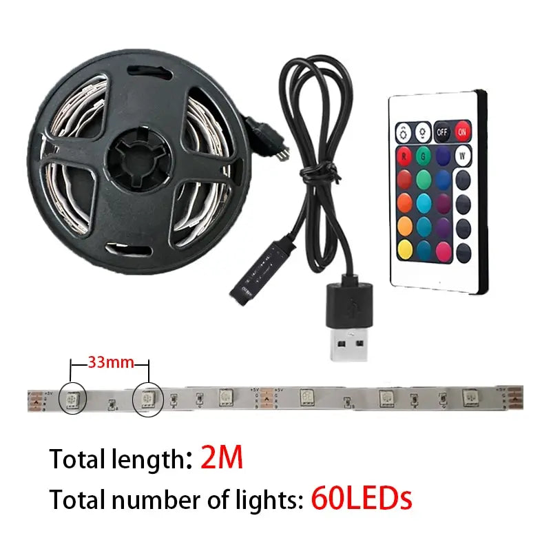 2M LED Light String 60 Leds Computer Desk DIY Backlight 24 Key Remote Control RGB Multicolor Tape Home Decoration Light Strip