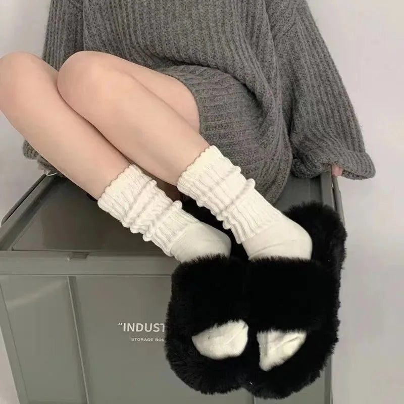 1/3Pairs Street Long Socks Women Solid Color Coarse Knitted Warm Middle Tube White Warmer Autumn Winter Crochet Sox Boot Cuffs