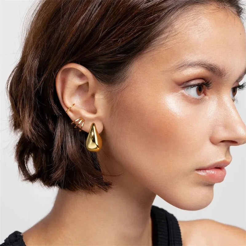 Vintage Gold Plated Chunky Dome Drop Earrings for Women Glossy Stainless Steel Thick Teardrop Earrings Dupes Lightweight Hoops