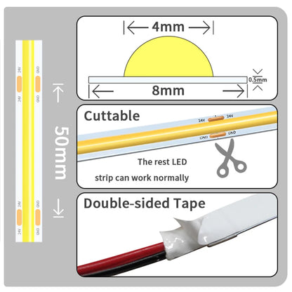 Linear Dimmable 24V 12V COB LED Strip Lights 8mm 320LEDs/M Flexible LED Tape Ribbon for Room Decor 3000K 4000K 6000K 1M 5M 10M