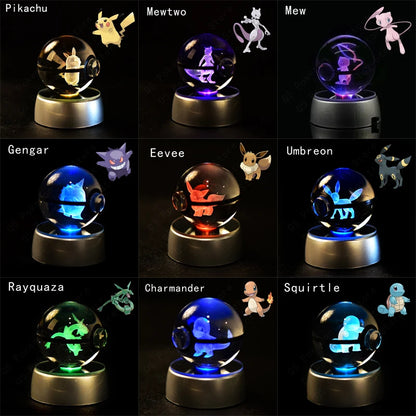 Pokemon 3D Crystal Ball Pikachu Gengar Mew Mewtwo Figurines Lamp Base Pokeball 3D Pokemon Glass Ball Statue Kids Birthday Gift