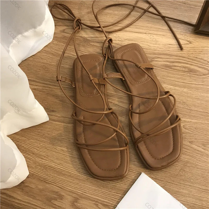 Sandals Women Summer New 2024 Beach Fashion Sexy Flat Casual Cross-Tie Open Toe Fairy Style Narrow Band Shoes Black Rome Sandals