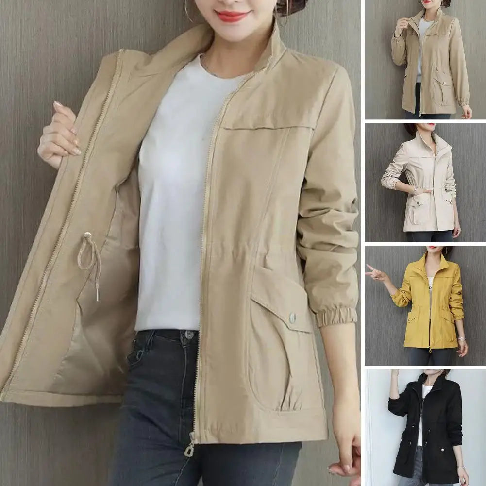 Long Sleeve Women Coat Women Windbreaker Jacket Stylish Women's Double Layer Windbreaker with Stand Collar Zipper for Autumn