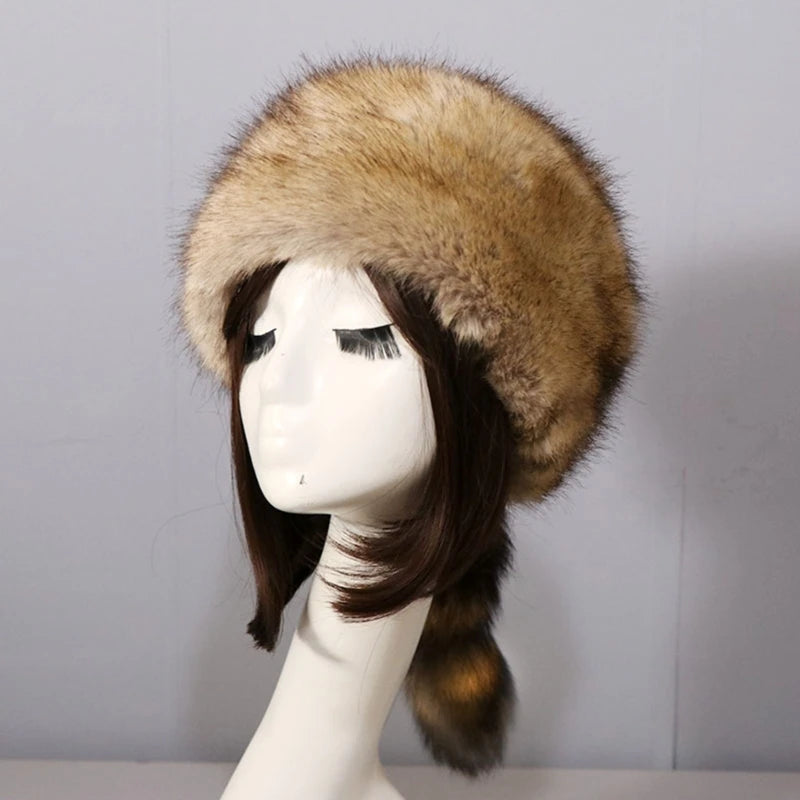 Plush Russian Style Flat Top Hat Winter Mongolian Hat Thicken Plush Raccoon Tail Hat for Adult Teens Keep Warm Hat Wholesale