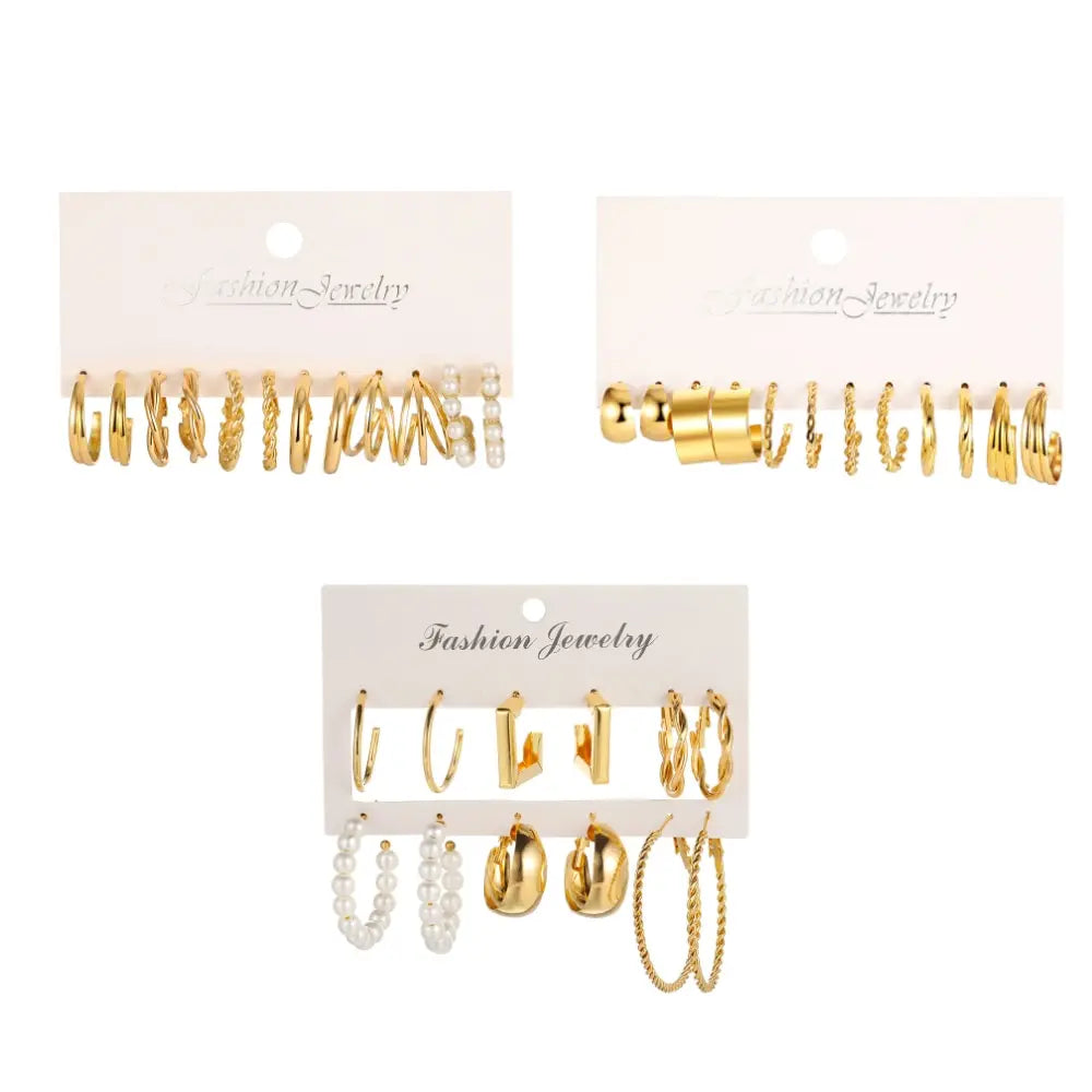 18Pcs Of Suit Women Earrings C Shaped Geometric Fake-pearl Metal Earrings Atmospheric Queuing Alloy Of Gold-color