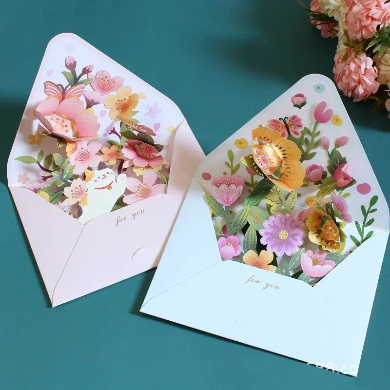 New Romantic Flower Birthday Christmas Card 3D Pop-up Greeting Cards Set Postcard Party Wedding Decorations Creative Girl Gifts