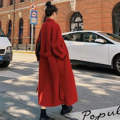 In 2023 The New Large Size 300 Kg Hepburn Style Red Woolen Coat for Women Autumn and Winter Fat Mm Loose Long Thick Woolen Coat