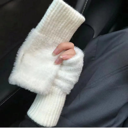 1pair Mink Fleece Soft Winter Half Finger Gloves Women Warm Luxury Plush Knitted Fingerless Gloves Girls Wrist Mittens Writting