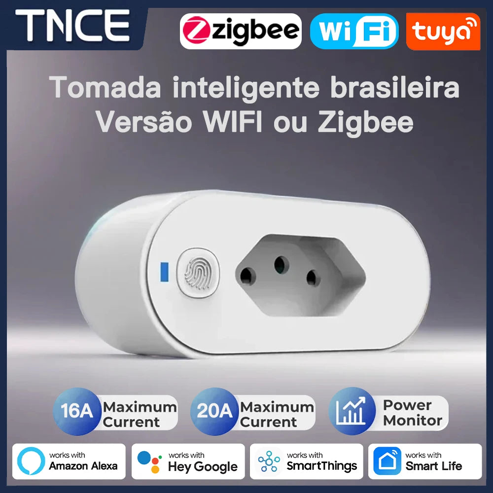 TNCE Tuya Brazil Plug 16/20A adapter, WIFI or zigbee socket with Power Monitor, Smart outlet control,Voice for Google Home Alexa