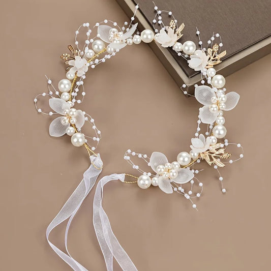 1PC Romantic Floral Bridal Headband Decorated With Faux Pearls Beads Wedding Headband Princess Birthday Party Headpiece