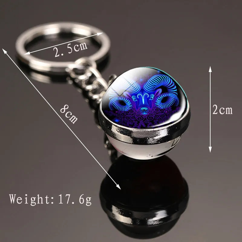 Creative 12 Constellation Key Ring Time Stone Double-Sided Glass Ball Metal Keychain Pendant Key Chain Accessories Fashion Gift