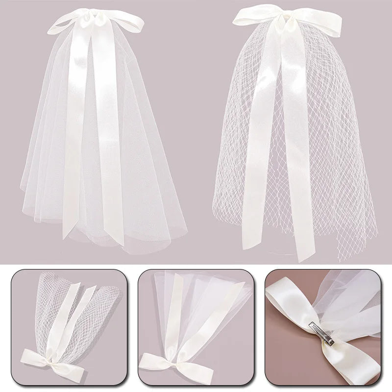 New Bridal Veil With Hair Clip Cute Bow White Ivory Tulle Wedding Veil for Bride Hairwear Jewelry Marriage Wedding Accessories