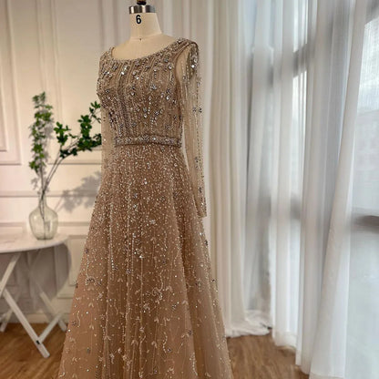 Serene Hill Dubai Arabic Designer Luxury Nude A Line Beaded Evening Dresses Gowns For Women Wedding Party 2024 LA72088