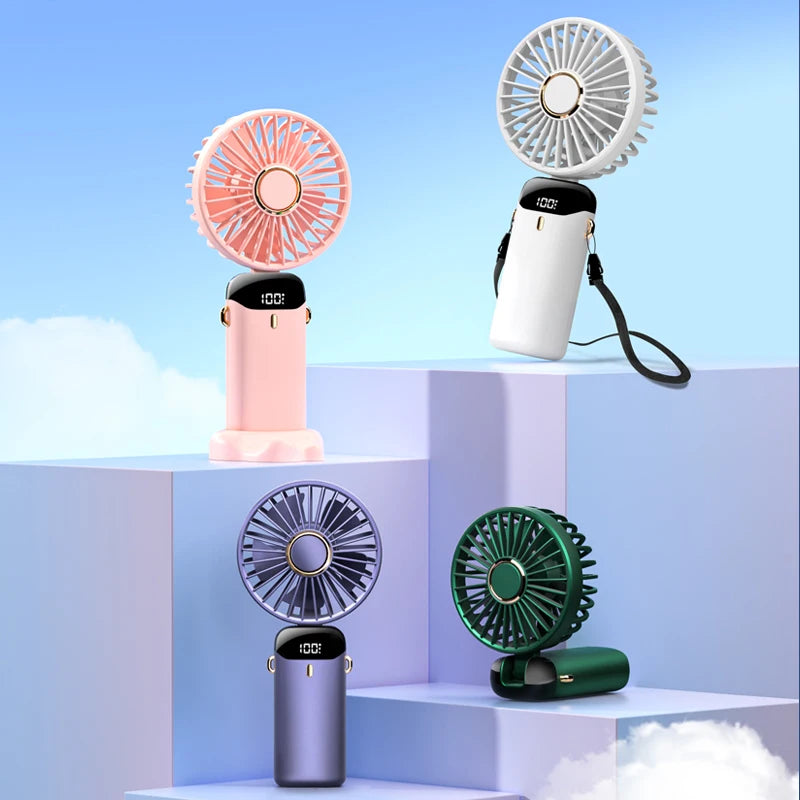 USB Handheld Mini Fan Foldable Portable Neck Hanging Fans 5 Speed USB Rechargeable Fan with Phone Stand and Display Screen