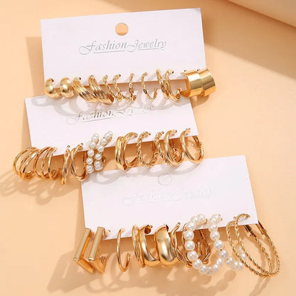 18Pcs Of Suit Women Earrings C Shaped Geometric Fake-pearl Metal Earrings Atmospheric Queuing Alloy Of Gold-color