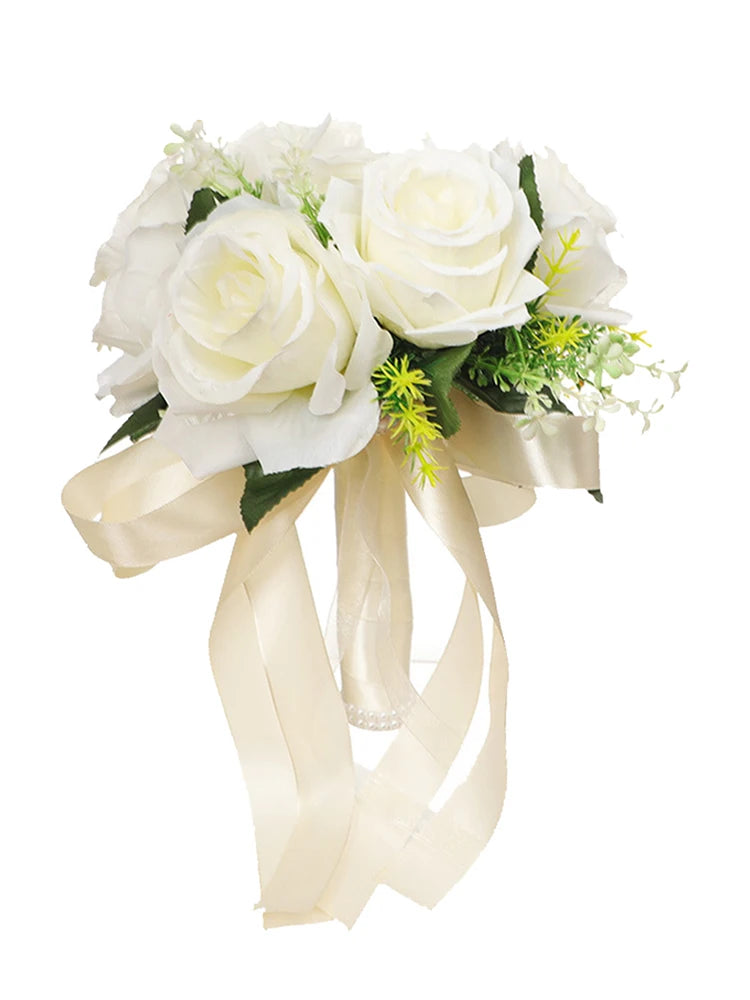 Silk Wedding Bouquets Holding Flowers Artificial Natural Rose Wedding Bouquet White Champagne Bridesmaid Bridal Party